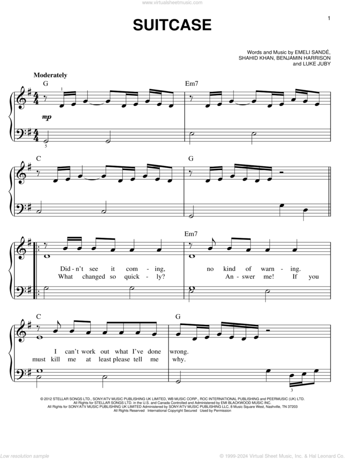 Suitcase sheet music for piano solo by Emeli Sande, easy skill level