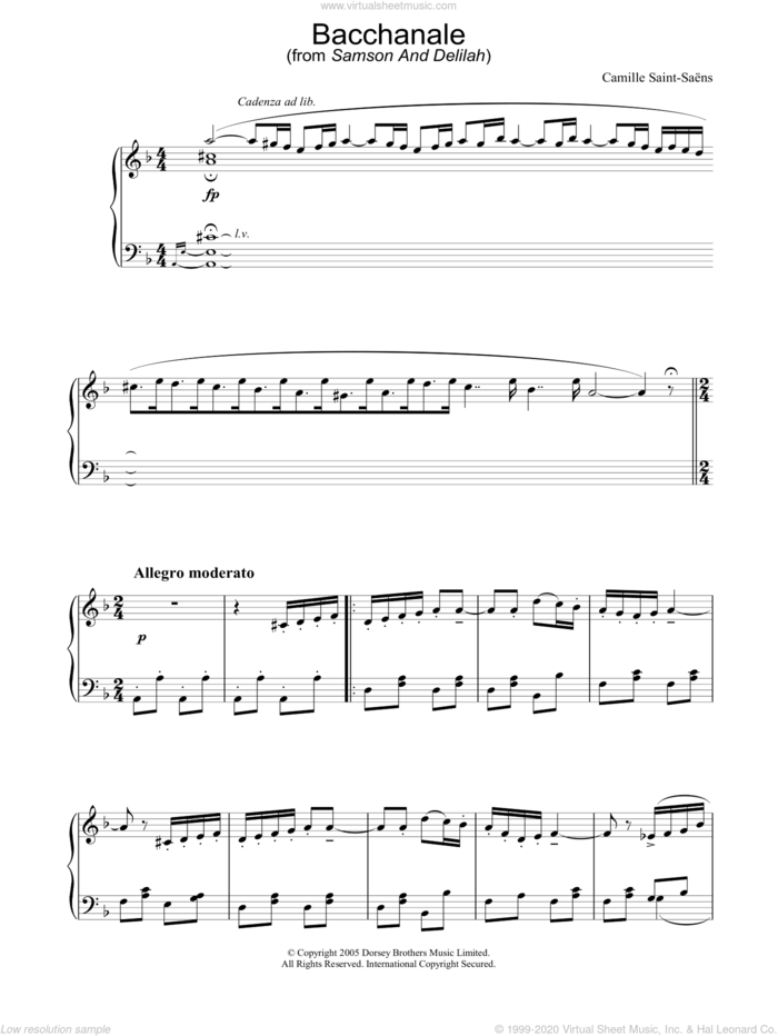 Bacchanale sheet music for piano solo by Camille Saint-Saens, classical score, intermediate skill level