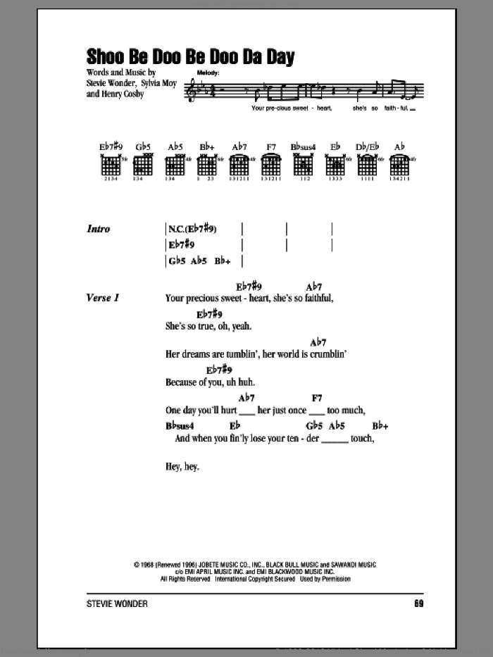 Shoo Be Doo Be Doo Da Day sheet music for guitar (chords) by Stevie Wonder, intermediate skill level