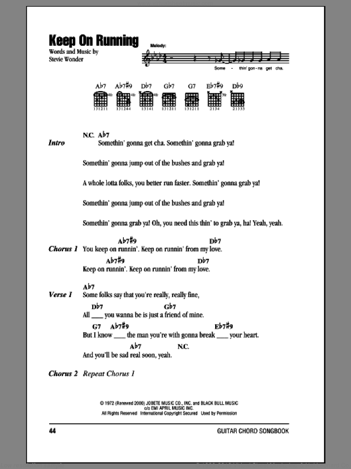 Keep On Running sheet music for guitar (chords) by Stevie Wonder, intermediate skill level