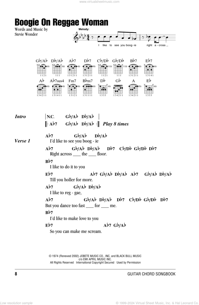 Boogie On Reggae Woman sheet music for guitar (chords) by Stevie Wonder, intermediate skill level