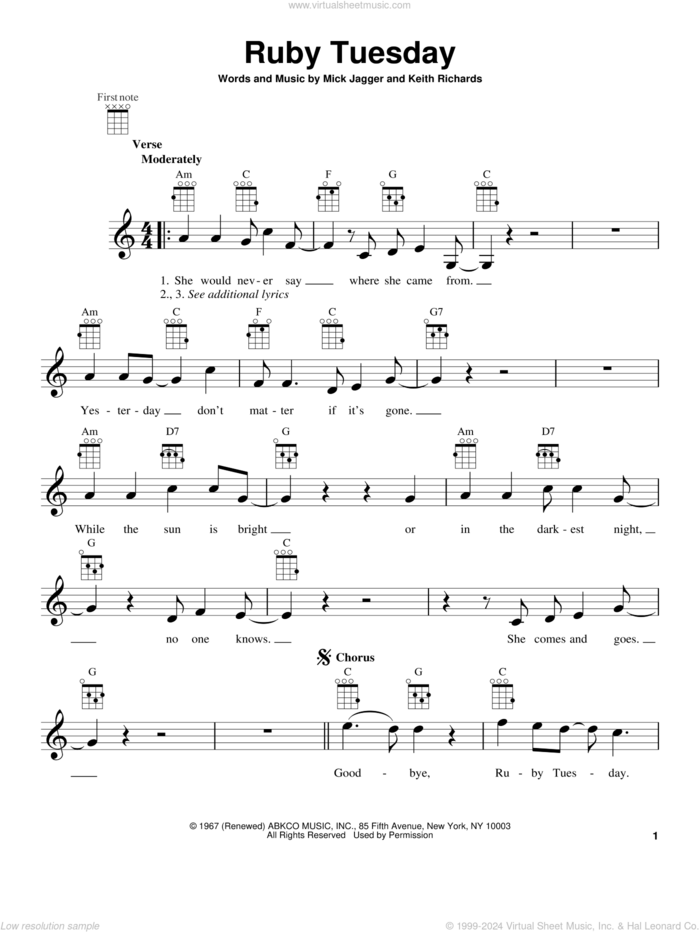 Ruby Tuesday sheet music for ukulele by The Rolling Stones, intermediate skill level