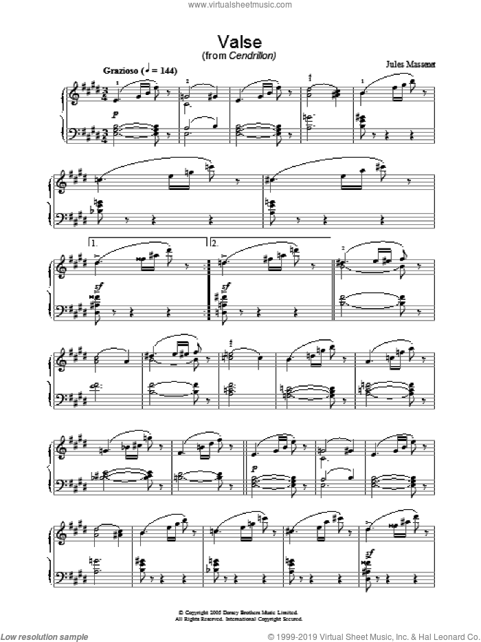 Valse (from Cendrillon) sheet music for piano solo by Jules Massenet, classical score, intermediate skill level