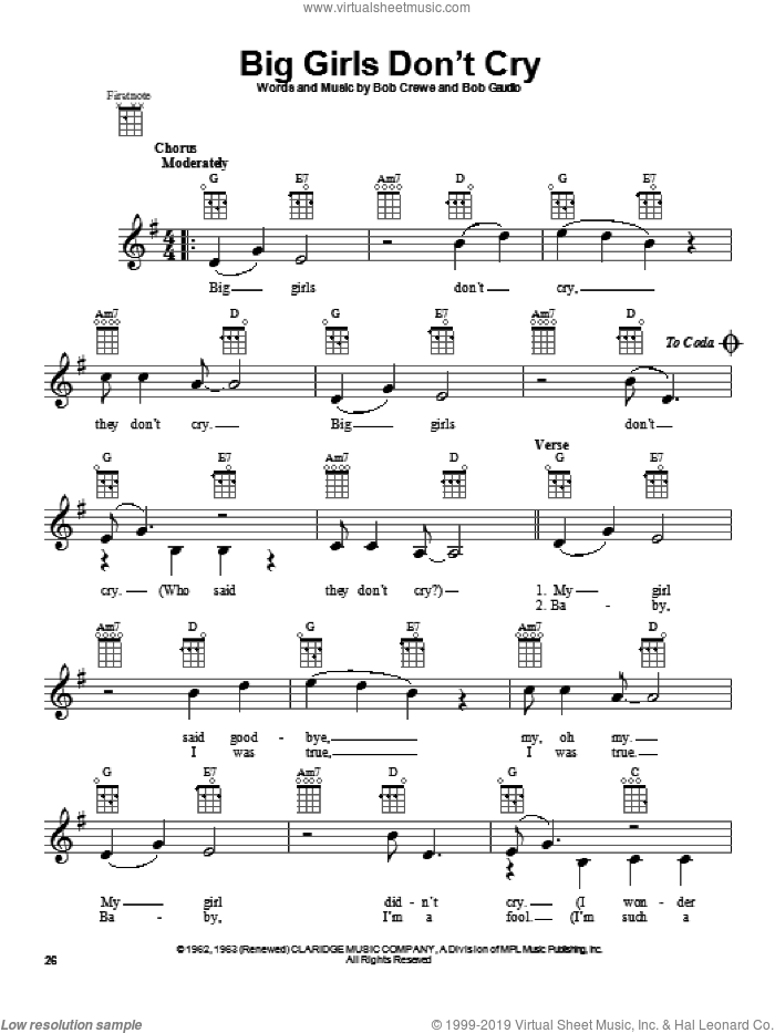 Big Girls Don't Cry sheet music for ukulele by The Four Seasons, intermediate skill level