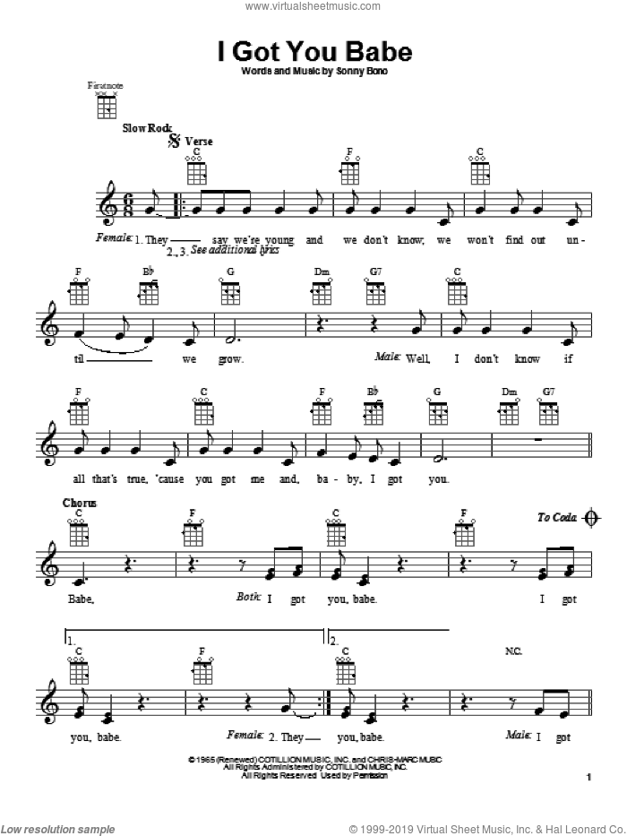 I Got You Babe sheet music for ukulele by Sonny & Cher and Sonny Bono, intermediate skill level