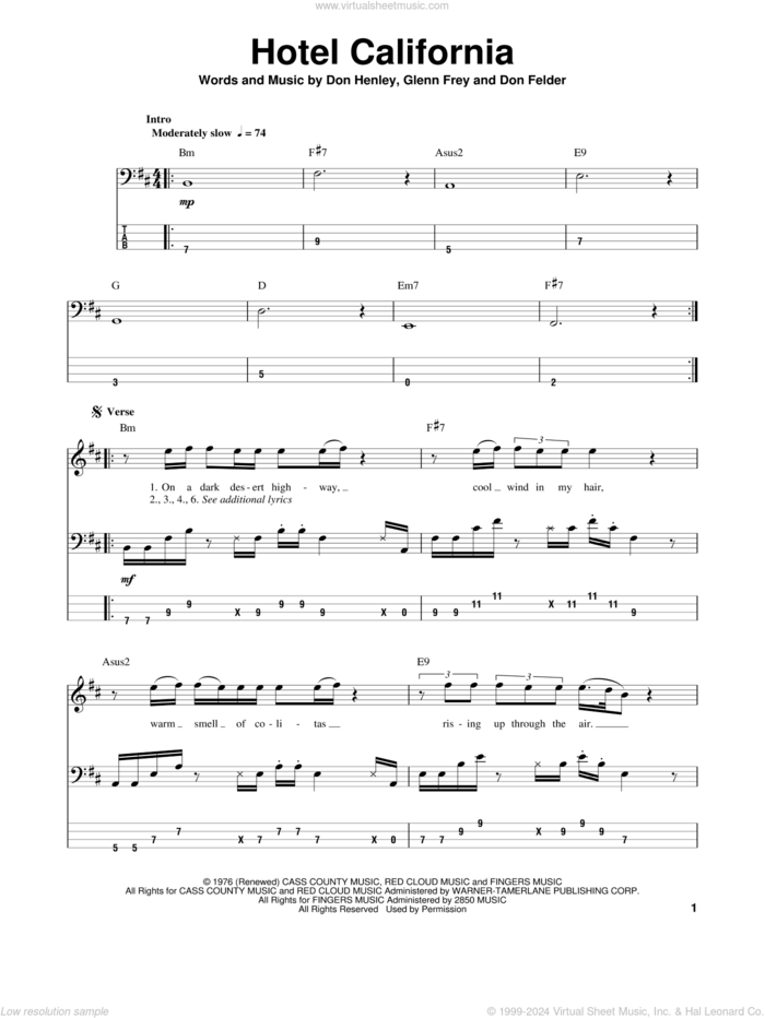 Hotel California sheet music for bass (tablature) (bass guitar) by The Eagles, intermediate skill level