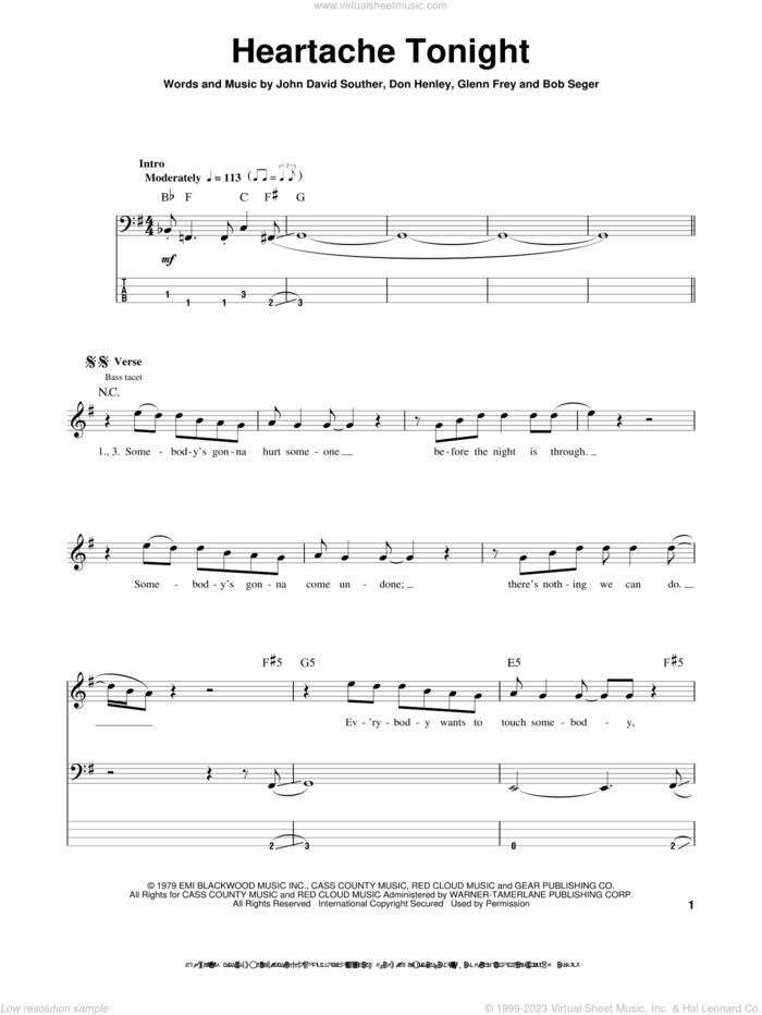 Heartache Tonight sheet music for bass (tablature) (bass guitar) by The Eagles, intermediate skill level