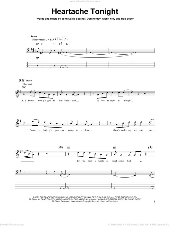 Heartache Tonight sheet music for bass (tablature) (bass guitar) by The Eagles, intermediate skill level