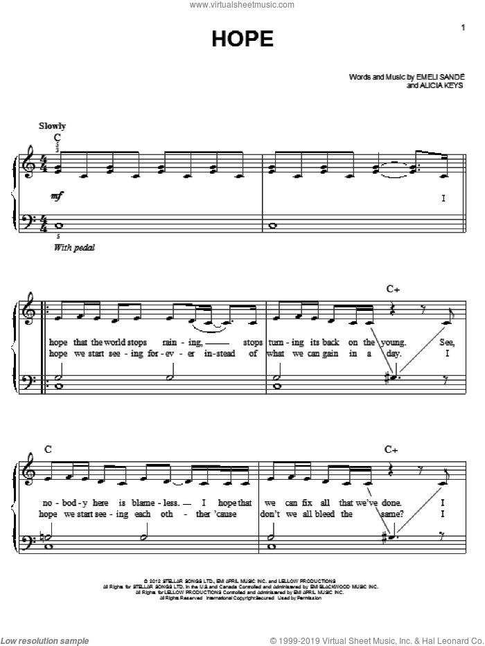 Hope sheet music for piano solo by Emeli Sande, easy skill level