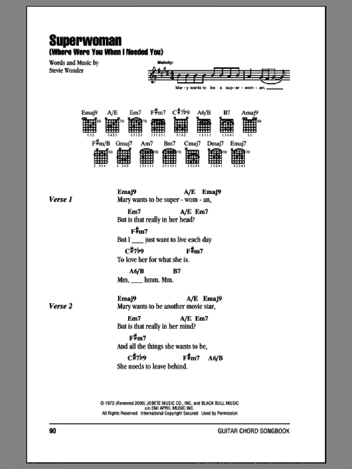Superwoman (Where Were You When I Needed You) sheet music for guitar (chords) by Stevie Wonder, intermediate skill level
