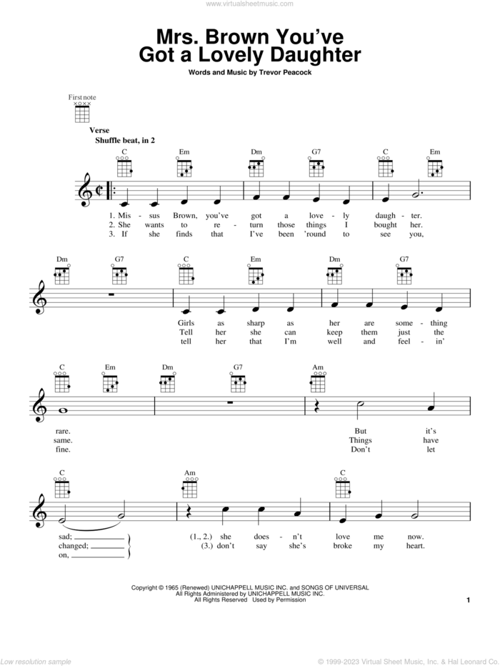 Mrs. Brown You've Got A Lovely Daughter sheet music for ukulele by Herman's Hermits, intermediate skill level