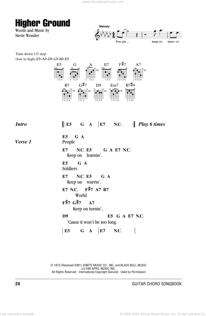 Higher Ground sheet music for guitar (chords) by Stevie Wonder and Red Hot Chili Peppers, intermediate skill level