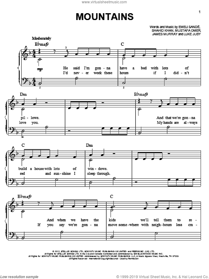 Mountains sheet music for piano solo by Emeli Sande, easy skill level