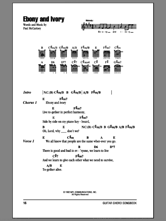 Ebony And Ivory sheet music for guitar (chords) by Paul McCartney, Paul McCartney and Stevie Wonder and Stevie Wonder, intermediate skill level