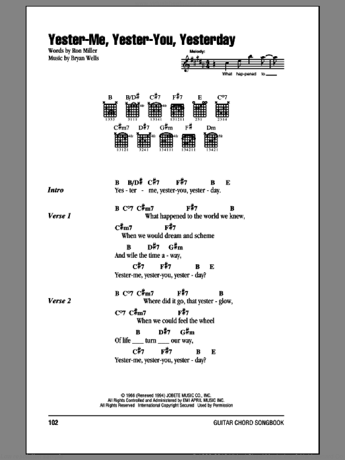 Yester-Me, Yester-You, Yesterday sheet music for guitar (chords) by Stevie Wonder, intermediate skill level