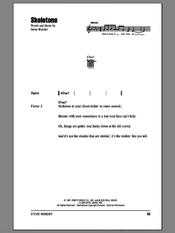Skeletons sheet music for guitar (chords) by Stevie Wonder, intermediate skill level