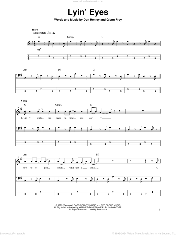 Lyin' Eyes sheet music for bass (tablature) (bass guitar) by The Eagles, intermediate skill level