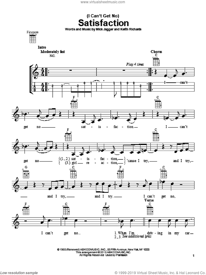 (I Can't Get No) Satisfaction sheet music for ukulele by The Rolling Stones, intermediate skill level