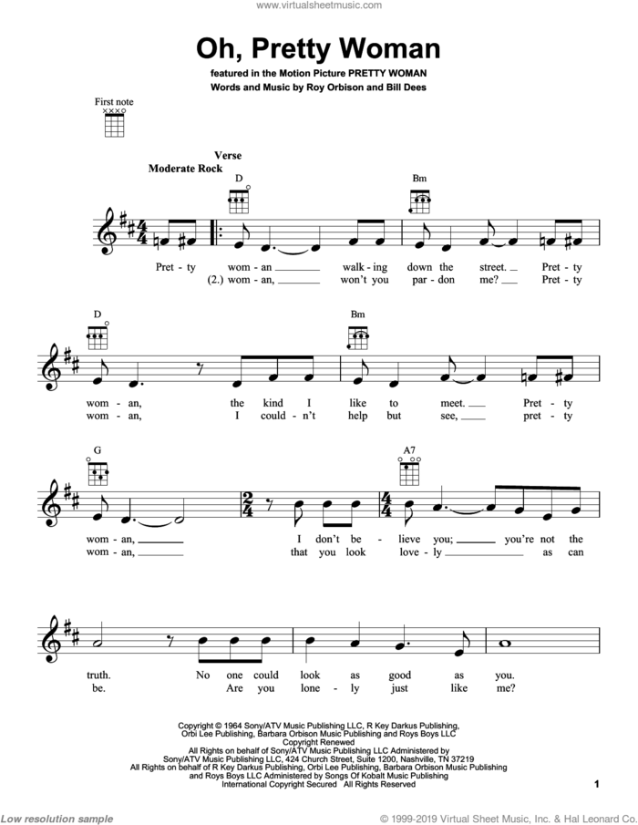 Oh, Pretty Woman sheet music for ukulele by Roy Orbison and Edward Van Halen, intermediate skill level