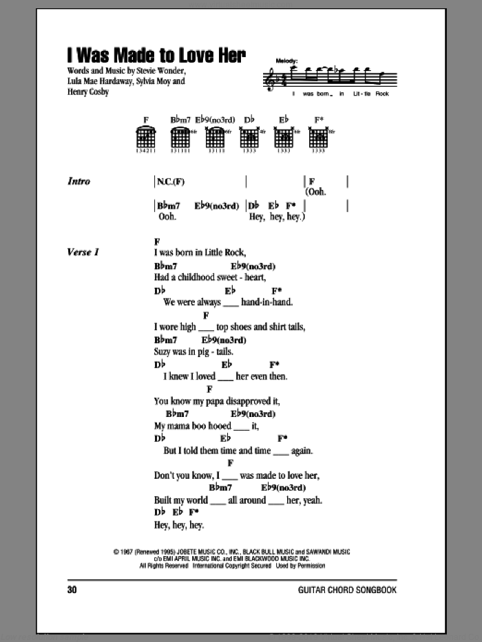 I Was Made To Love Her sheet music for guitar (chords) by Stevie Wonder, intermediate skill level