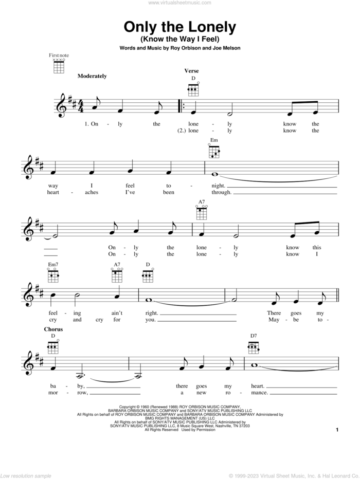 Only The Lonely (Know The Way I Feel) sheet music for ukulele by Roy Orbison, intermediate skill level
