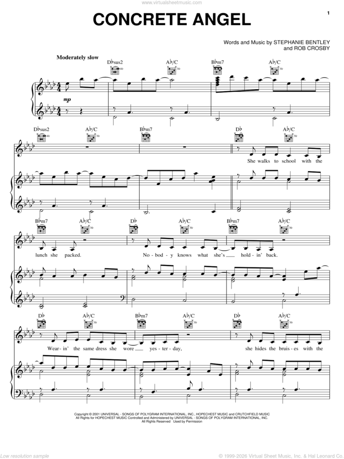 Concrete Angel sheet music for voice, piano or guitar by Martina McBride, Rob Crosby and Stephanie Bentley, intermediate skill level