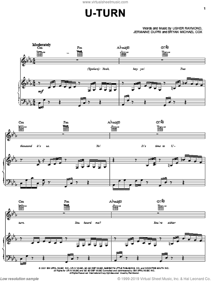 U-Turn sheet music for voice, piano or guitar by Gary Usher, Bryan Michael Cox, Jermaine Dupri and Usher Raymond, intermediate skill level