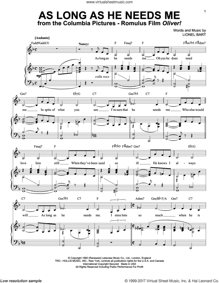 As Long As He Needs Me sheet music for voice and piano by Lionel Bart and Oliver! (Musical), intermediate skill level