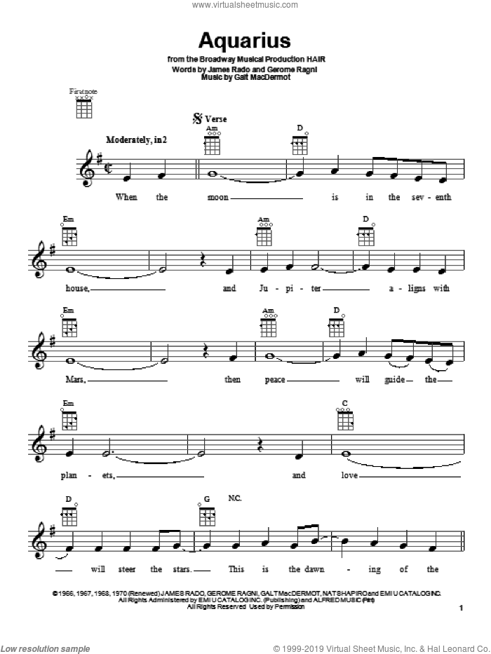 Aquarius sheet music for ukulele by The Fifth Dimension, intermediate skill level