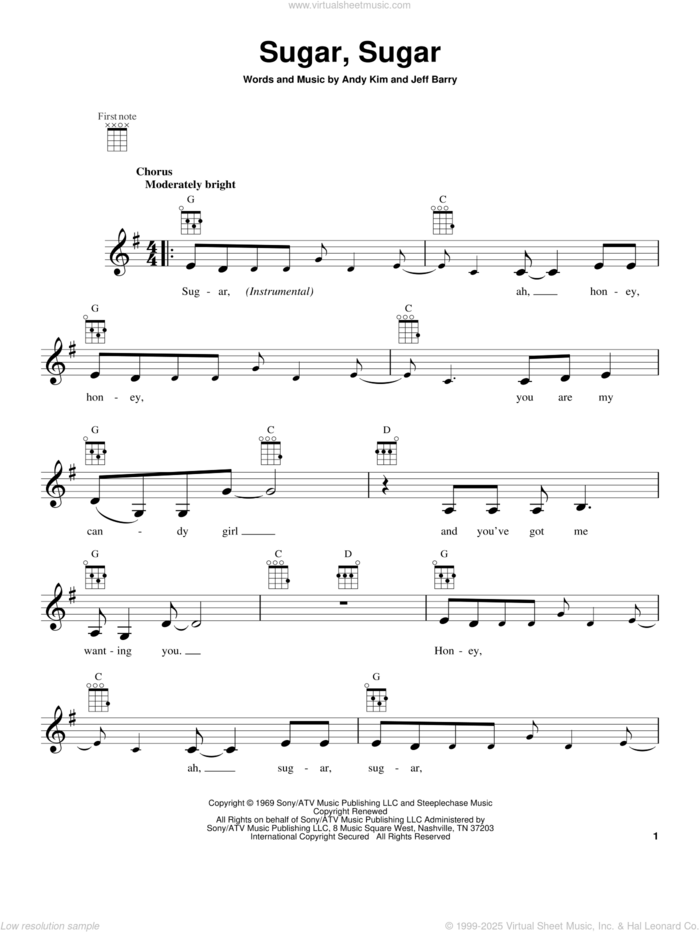 Sugar, Sugar sheet music for ukulele by The Archies, intermediate skill level