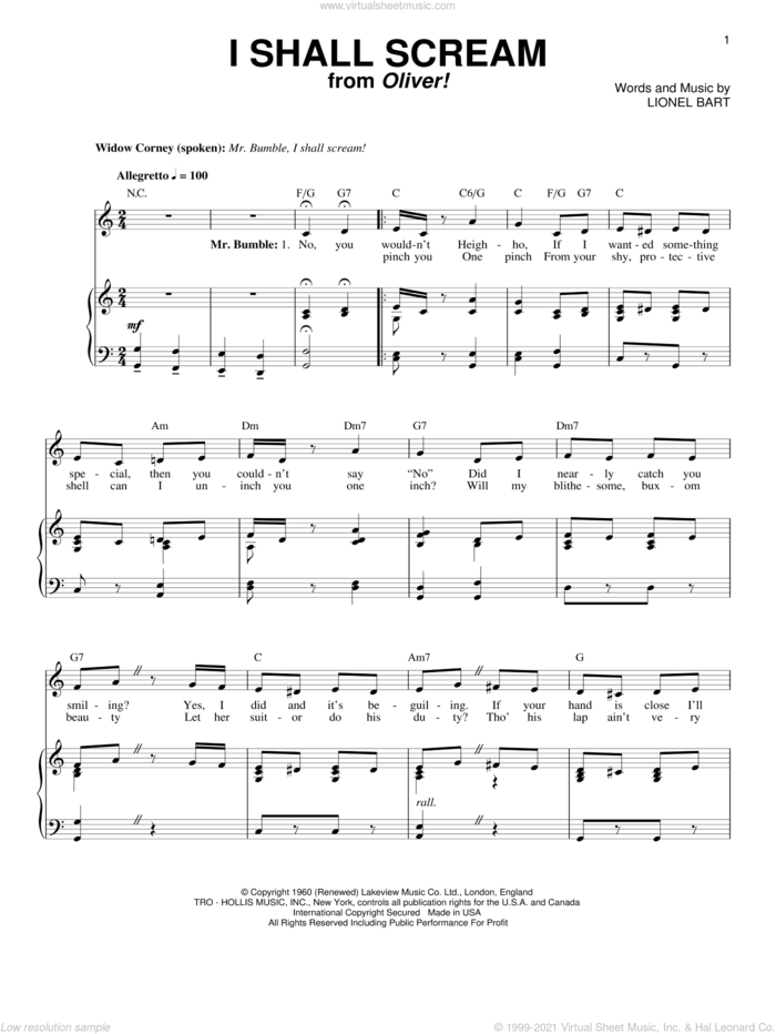 I Shall Scream sheet music for voice and piano by Lionel Bart and Oliver! (Musical), intermediate skill level