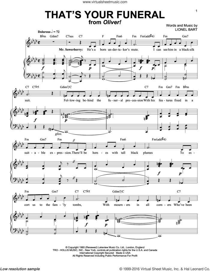 That's Your Funeral sheet music for voice and piano by Lionel Bart and Oliver! (Musical), intermediate skill level