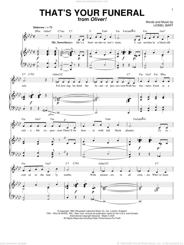 That's Your Funeral sheet music for voice and piano by Lionel Bart and Oliver! (Musical), intermediate skill level