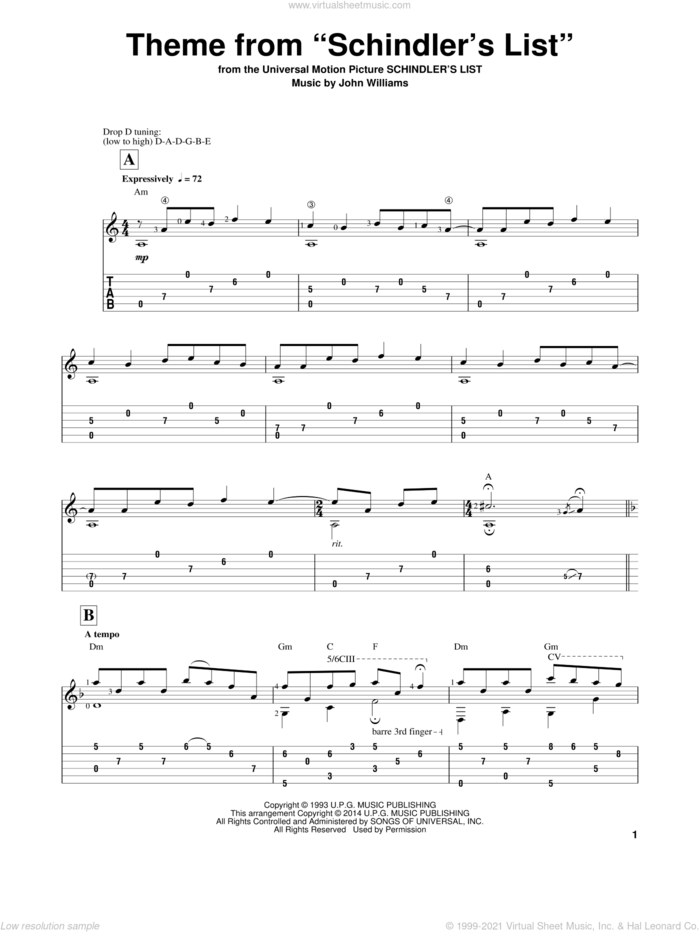 Theme From 'Schindler's List' sheet music for guitar solo by John Williams and Ben Woolman, classical score, intermediate skill level
