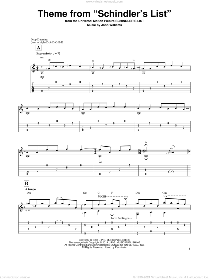 Theme From 'Schindler's List' sheet music for guitar solo by John Williams and Ben Woolman, classical score, intermediate skill level