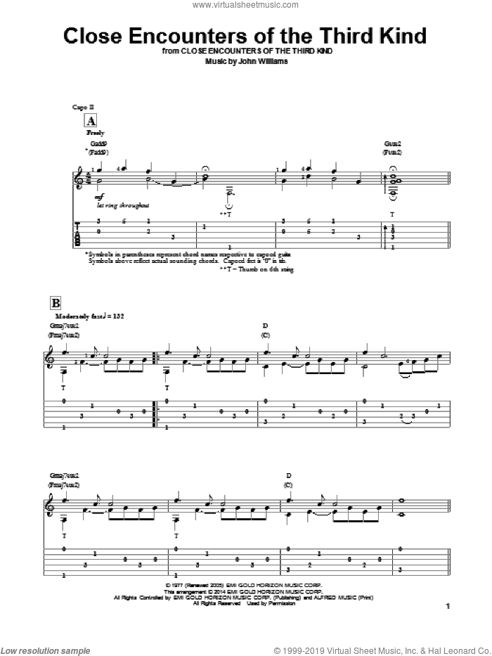 Theme From Close Encounters Of The Third Kind (arr. Ben Woolman) sheet music for guitar solo by John Williams and Ben Woolman, classical score, intermediate skill level