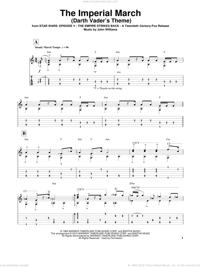The Imperial March (Darth Vader's Theme) (arr. Ben Woolman) sheet music for guitar solo by John Williams and Ben Woolman, classical score, intermediate skill level
