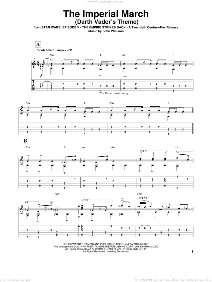 The Imperial March (Darth Vader's Theme) (arr. Ben Woolman) sheet music for guitar solo by John Williams and Ben Woolman, classical score, intermediate skill level