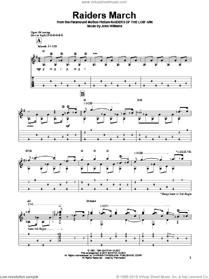 Raiders March sheet music for guitar solo by John Williams and Ben Woolman, classical score, intermediate skill level
