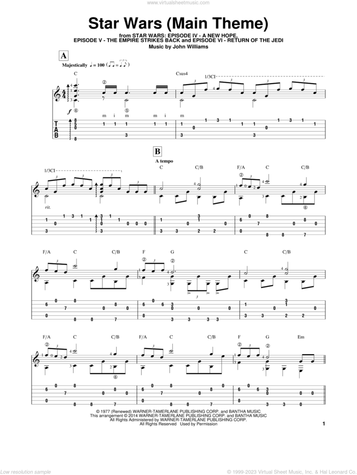 Star Wars (Main Theme), (intermediate) sheet music for guitar solo by John Williams and Ben Woolman, classical score, intermediate skill level