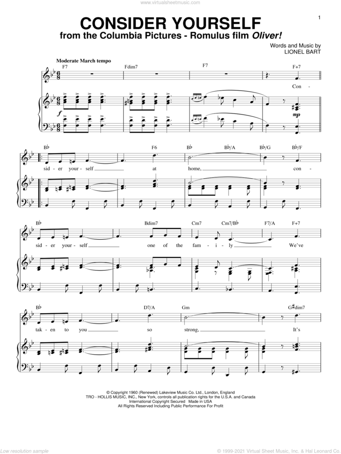 Consider Yourself sheet music for voice and piano by Lionel Bart and Oliver! (Musical), intermediate skill level