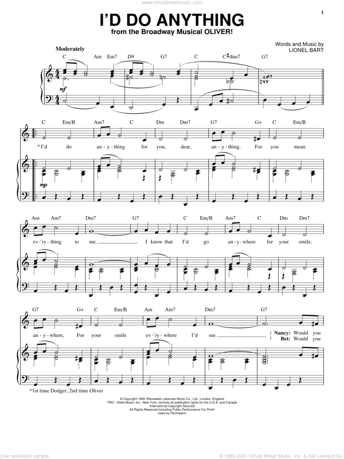 I'd Do Anything sheet music for voice and piano by Lionel Bart and Oliver! (Musical), intermediate skill level