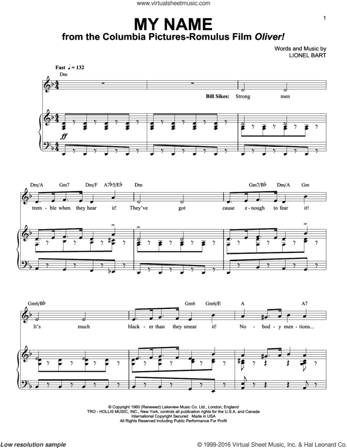 My Name sheet music for voice and piano by Lionel Bart and Oliver! (Musical), intermediate skill level