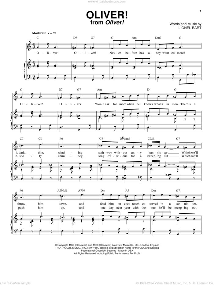 Oliver! sheet music for voice and piano by Lionel Bart and Oliver! (Musical), intermediate skill level