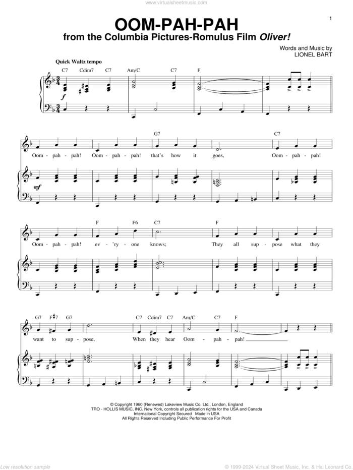 Oom-Pah-Pah sheet music for voice and piano by Lionel Bart and Oliver! (Musical), intermediate skill level