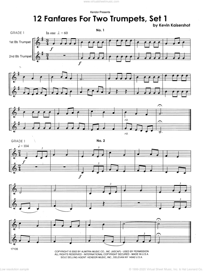 12 Fanfares For Two Trumpets, Set 1 sheet music for two trumpets by Kevin Kaisershot, classical score, intermediate duet