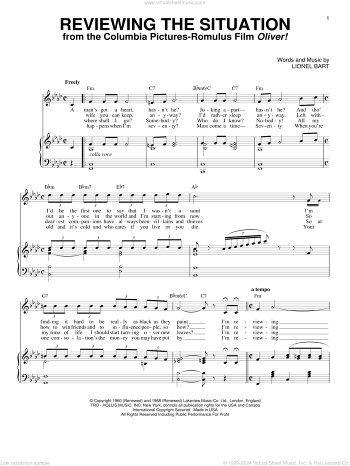 Reviewing The Situation sheet music for voice and piano by Lionel Bart and Oliver! (Musical), intermediate skill level