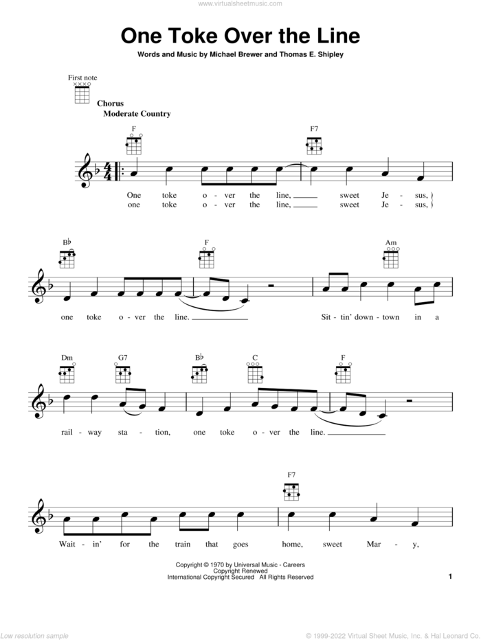 One Toke Over The Line sheet music for ukulele by Brewer & Shipley, intermediate skill level