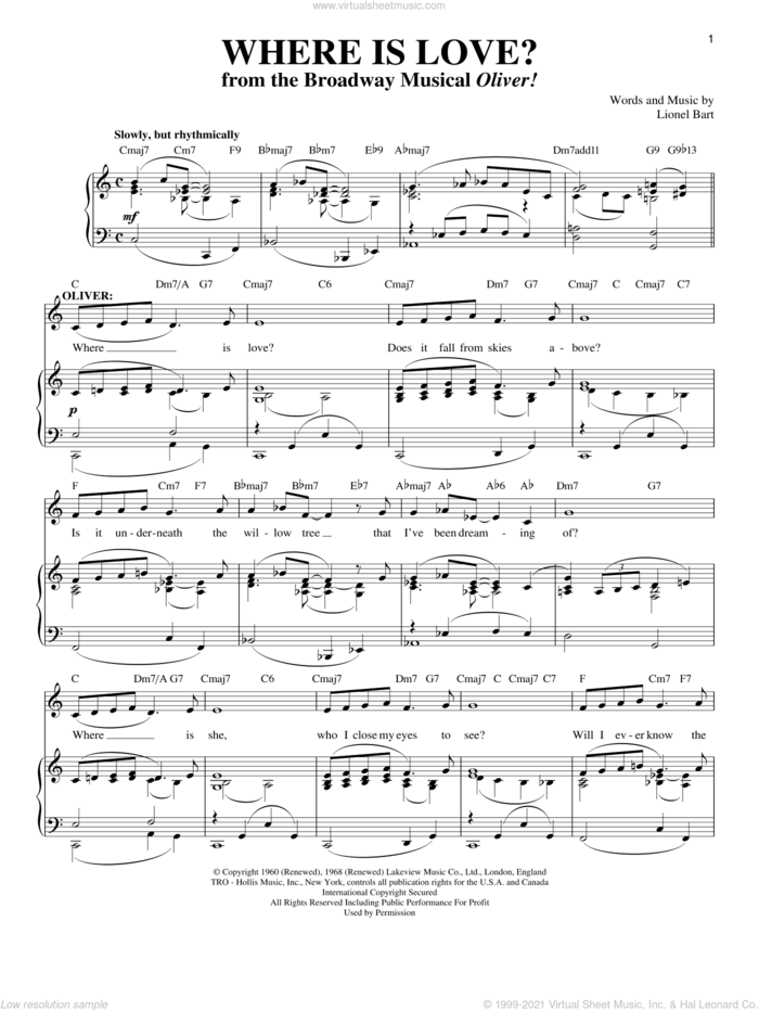 Where Is Love? sheet music for voice and piano by Lionel Bart and Oliver! (Musical), intermediate skill level