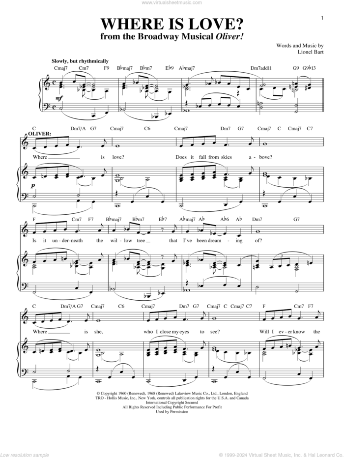 Where Is Love? sheet music for voice and piano by Lionel Bart and Oliver! (Musical), intermediate skill level